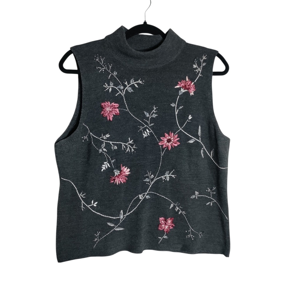 Dressbarn Womens XL Gray Floral Embroidered Mock Neck Knit Sweater Vest Top